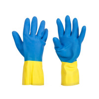 Yellow-blue latex gloves